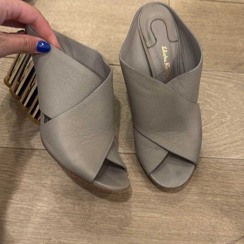 Salvatore Ferragamo Gray and Gold Mules with Sculptural Heel - Picture 7 of 9